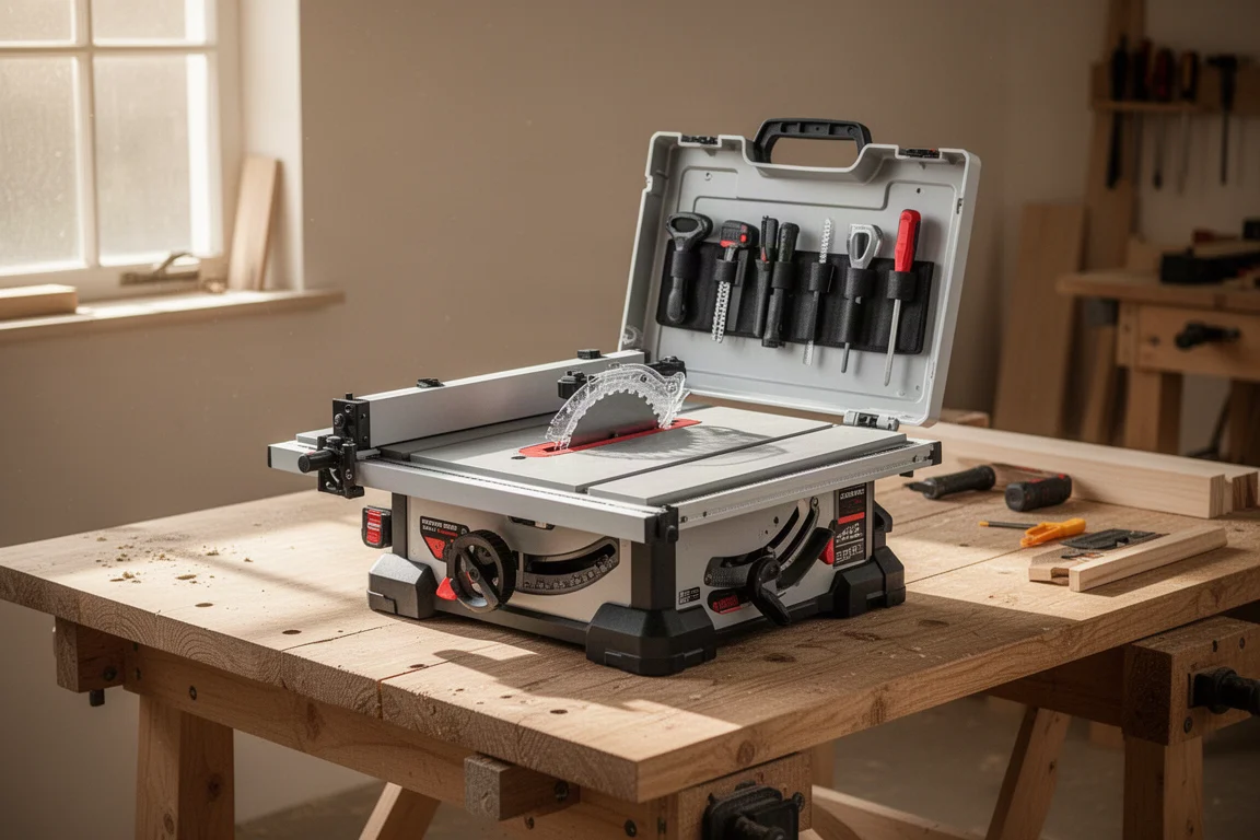 Scie sur table sans fil compacte installée dans un atelier rangé, son couvercle retiré