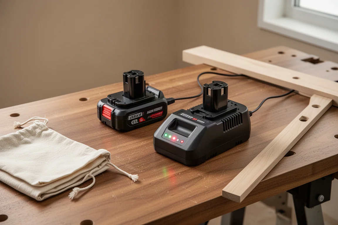 Deux batteries et un chargeur double disposés sur un établi d'atelier
