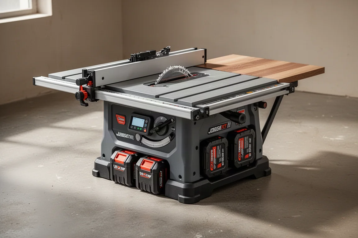 Festool CSC SYS 50 EB compact cordless table saw on a workshop floor