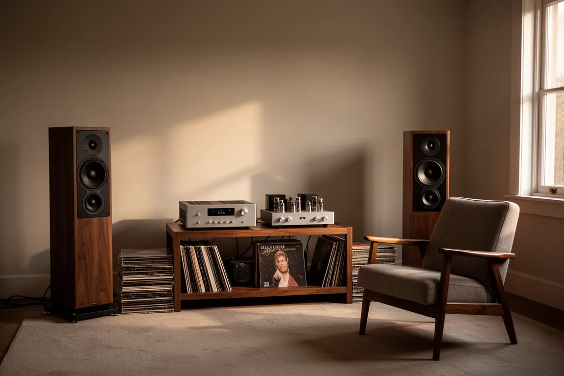 Sala de escucha con amplificador a válvulas, altavoces de suelo y discos bajo una cálida luz de tarde
