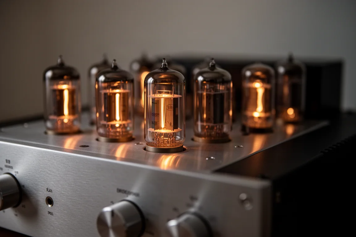 Primer plano de válvulas incandescentes sobre el chasis de un amplificador en una sala en penumbra