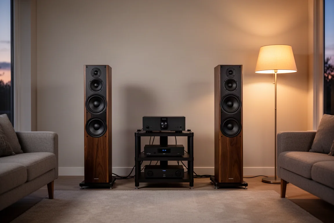 Altavoces de suelo de alta sensibilidad y amplificador en un salón al atardecer