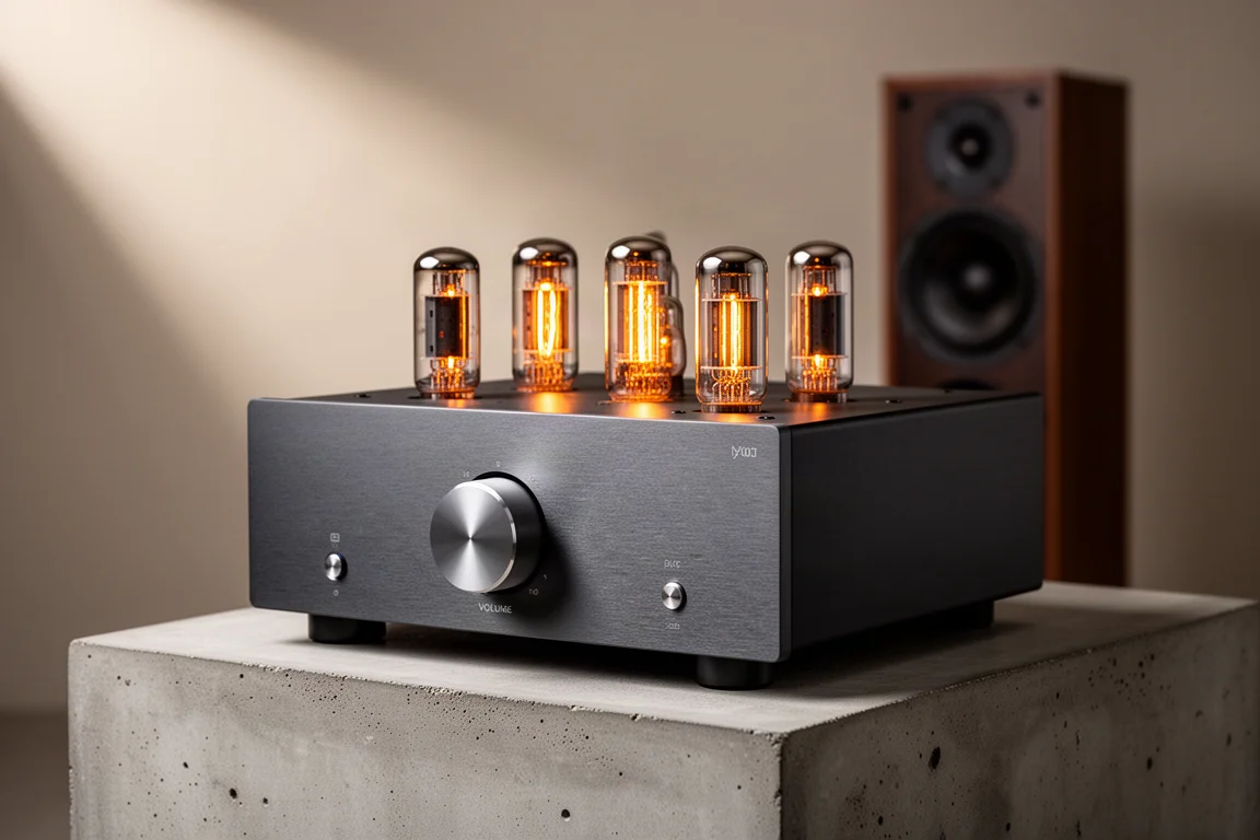 Tube integrated amplifier with glowing vacuum tubes on a concrete plinth