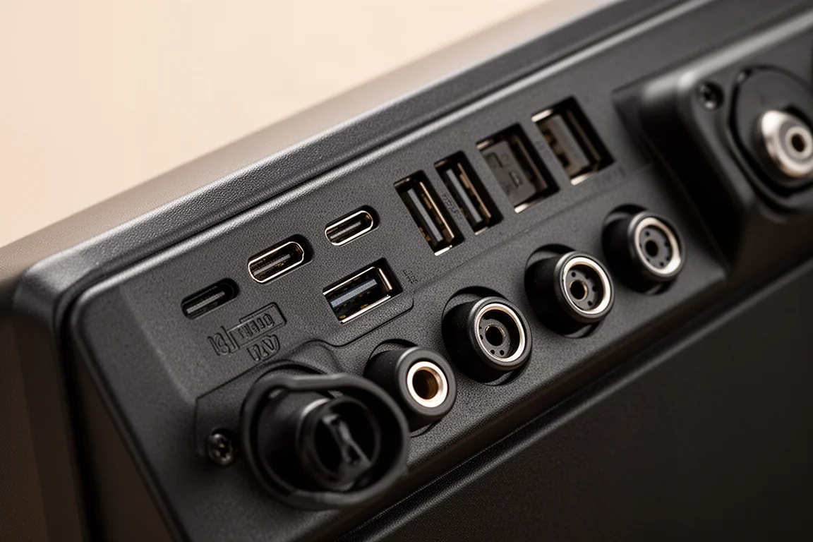 Zbliżenie na porty wyjściowe USB-C i USB-A na panelu elektrowni