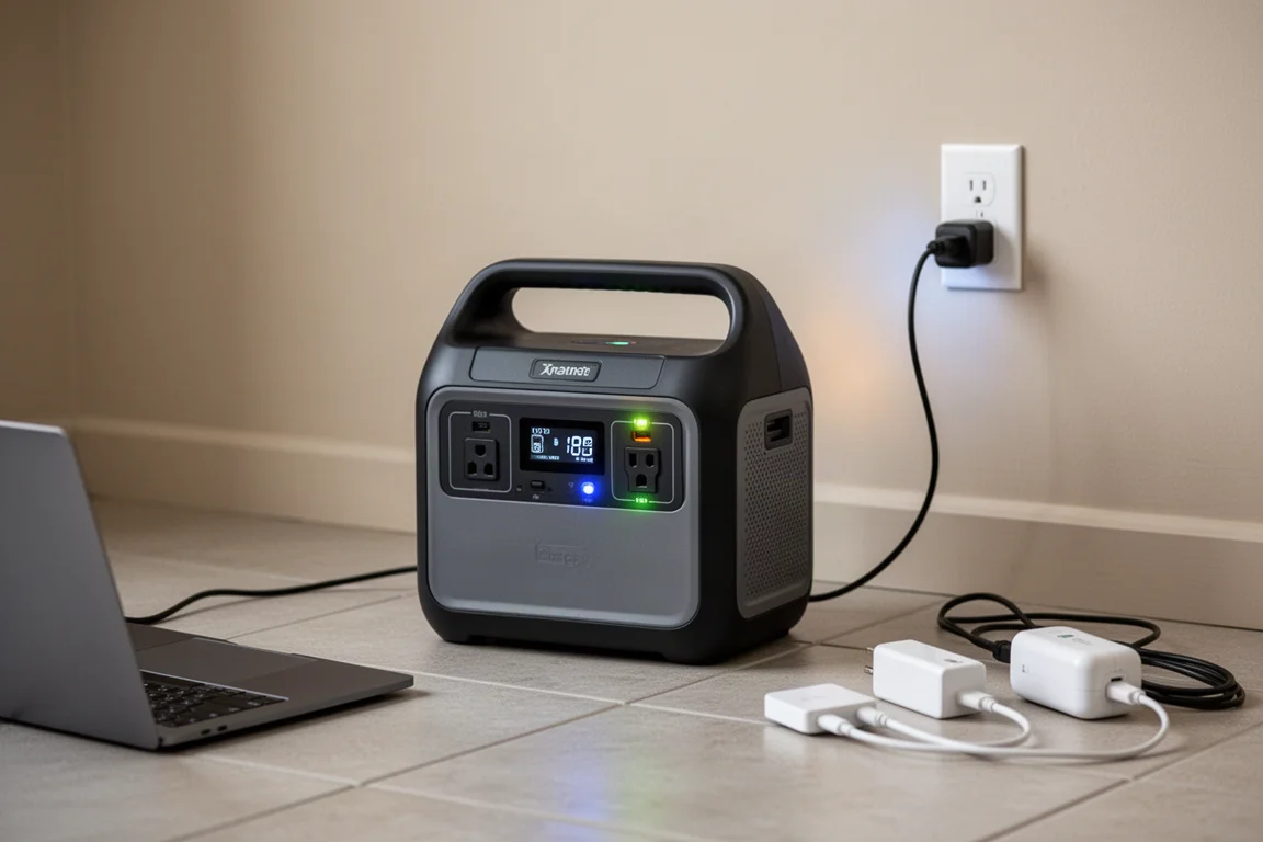 Elektrownia podłączona do gniazdka ściennego, ładująca się podczas zasilania urządzeń