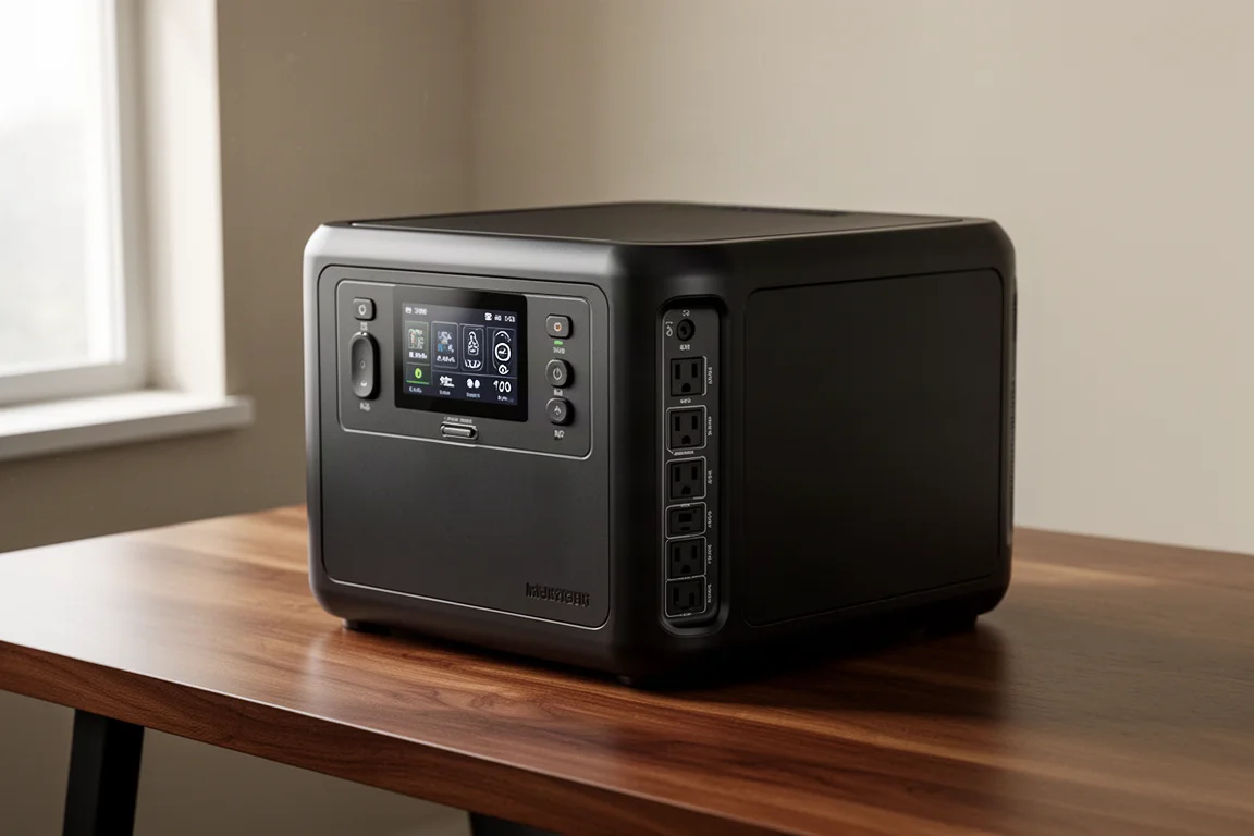 Matte black portable power station with display panel and ports on a wood desk