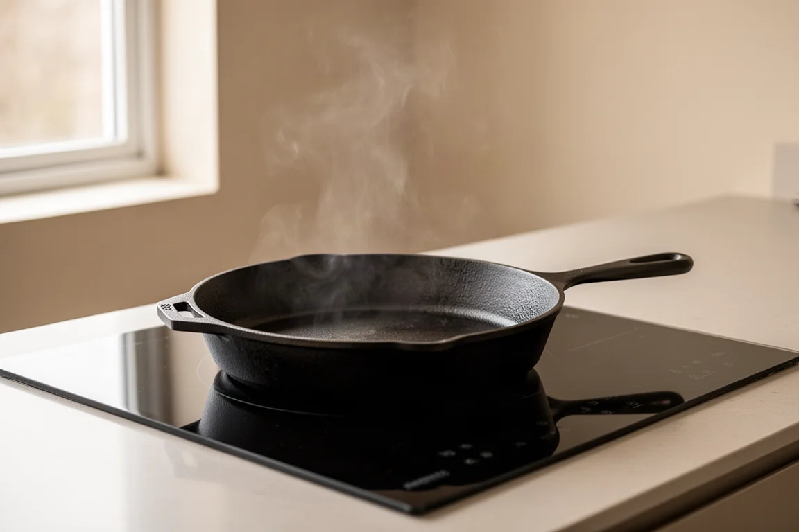 Sartén de hierro fundido sobre una placa de inducción moderna en una cocina luminosa