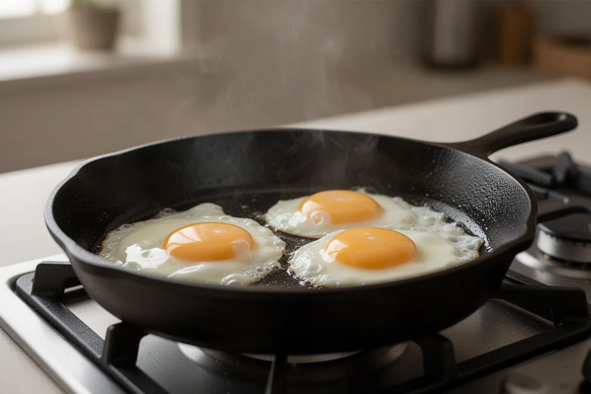 Huevos fritos cocinándose en una sartén de hierro fundido lisa sobre la estufa