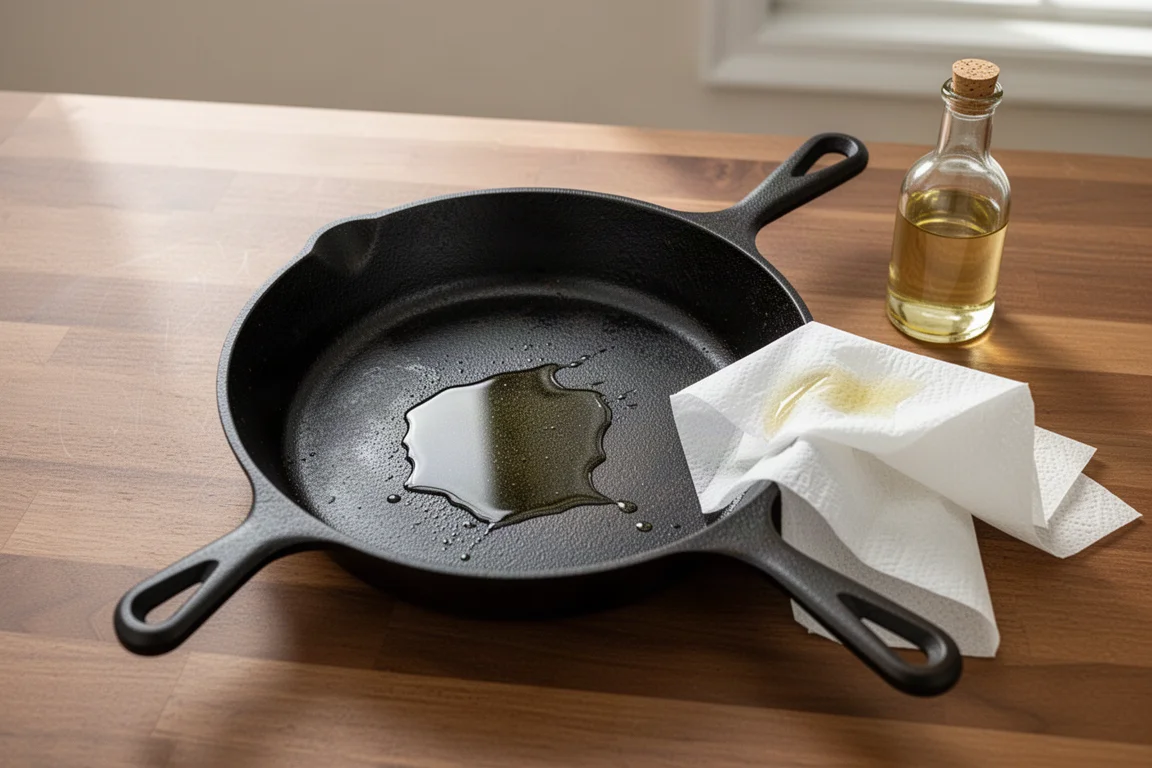Sartén de hierro fundido siendo curada con una capa ligera de aceite sobre una encimera de madera