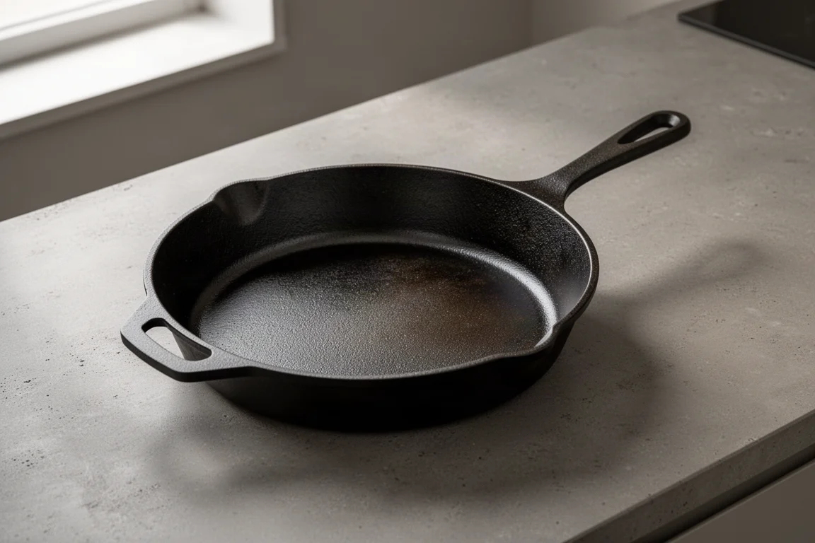 Field Company Number 10 cast iron skillet on a concrete kitchen counter