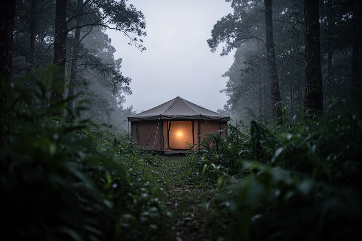 Refugio de perfil bajo brillando tenuemente entre la densa maleza del bosque al atardecer