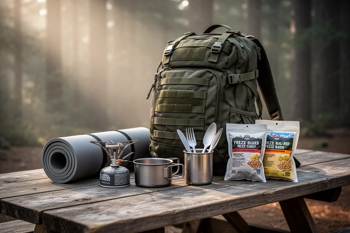 Backcountry gear arranged on a wooden camp table with forest bokeh behind