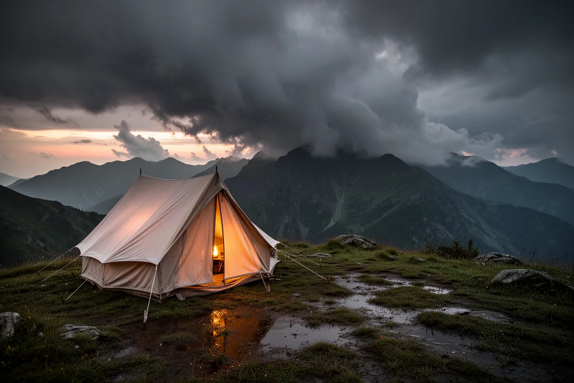 Tienda de lona iluminada desde el interior en una cresta montañosa bajo nubes de tormenta tras el atardecer