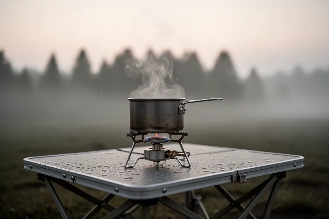 Primer plano de un hornillo de camping pequeño con una olla humeante sobre una mesa mojada al amanecer