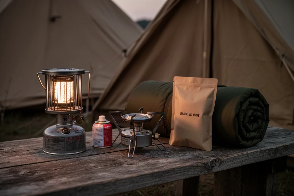 Camping gear including a compact heater, cassette stove, sleeping bag and meal pouch arranged beside a tent