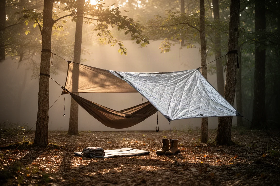 Waldcampingplatz zur goldenen Stunde mit einem Hängemattenunterstand und einer reflektierenden Plane zwischen Bäumen