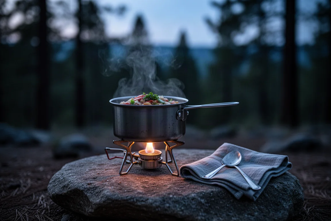 Campingkocher, der bei Dämmerung eine Trail-Mahlzeit in einem Metalltopf köchelt, mit aufsteigendem Dampf