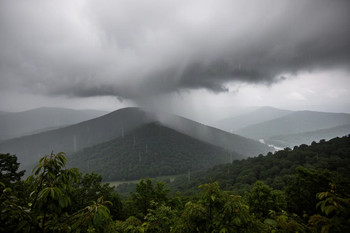 Green Appalachian ridge under heavy storm clouds with mist in the valley