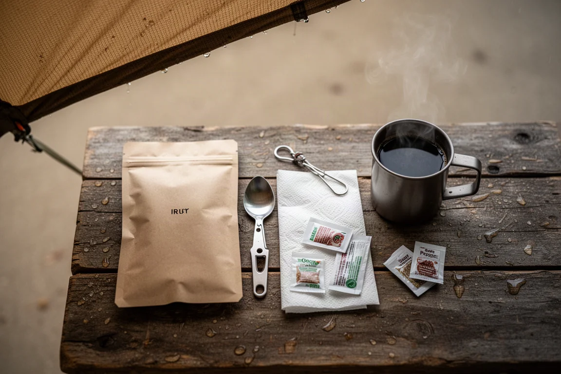 Overhead camp table flat-lay with meal pouch, spoon, paper towel and steaming coffee mug