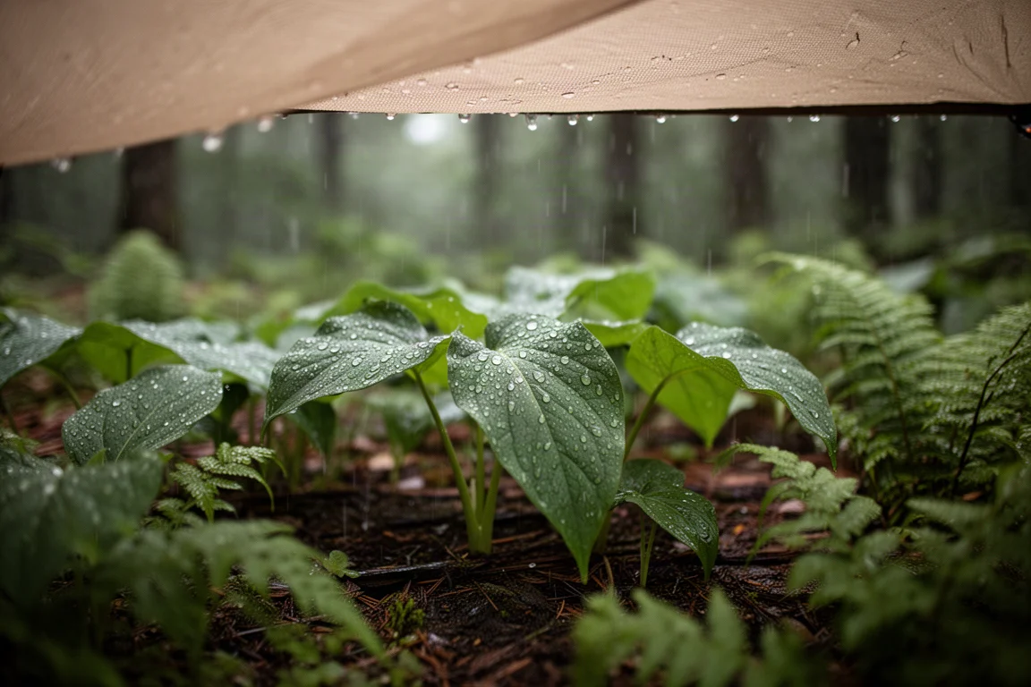 Raindrops beading on broad green leaves and ferns on a wet forest floor