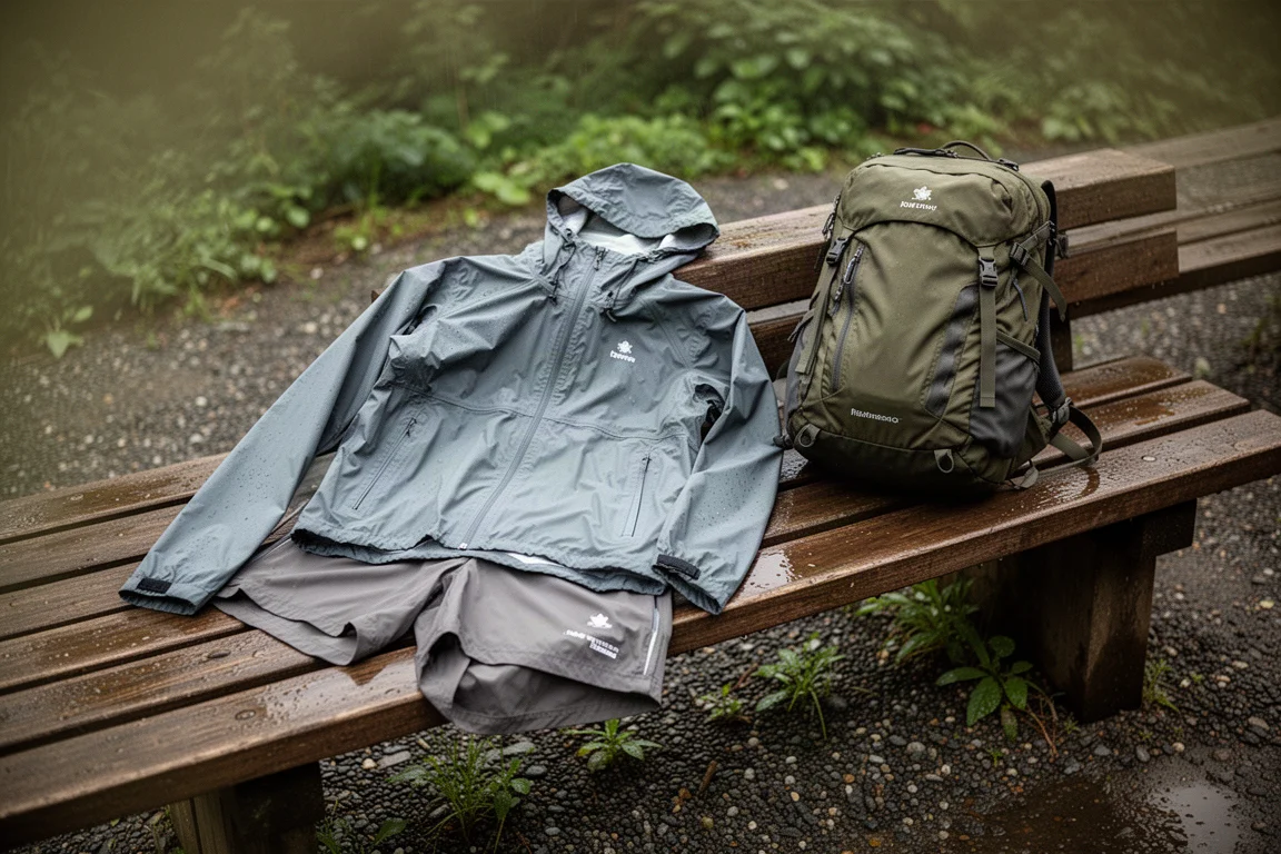 Rain jacket and shorts on a wet wooden bench beside a hiking backpack