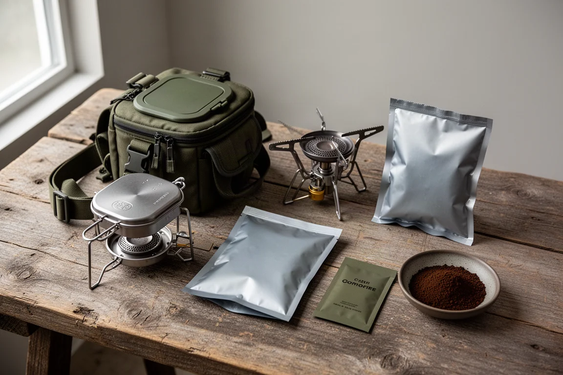 Chest harness, folding stove, meal pouch and coffee packet arranged on weathered wood