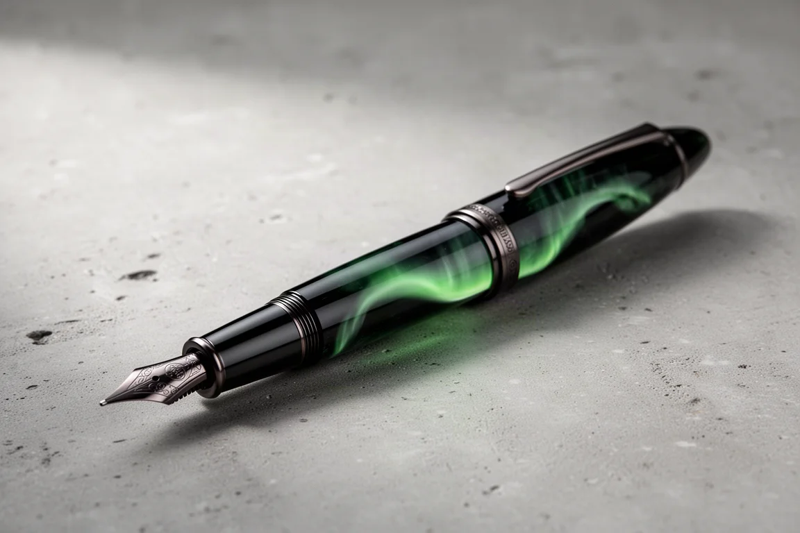 Deep black and green resin fountain pen with dark metal trim on concrete surface