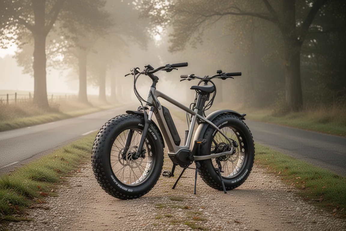 Fat-Tire-E-Bike geparkt auf einem Schotterweg bei weichem Tageslicht