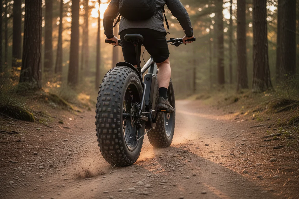 Fat-Tire-E-Bike fährt zur goldenen Stunde auf einem Waldweg