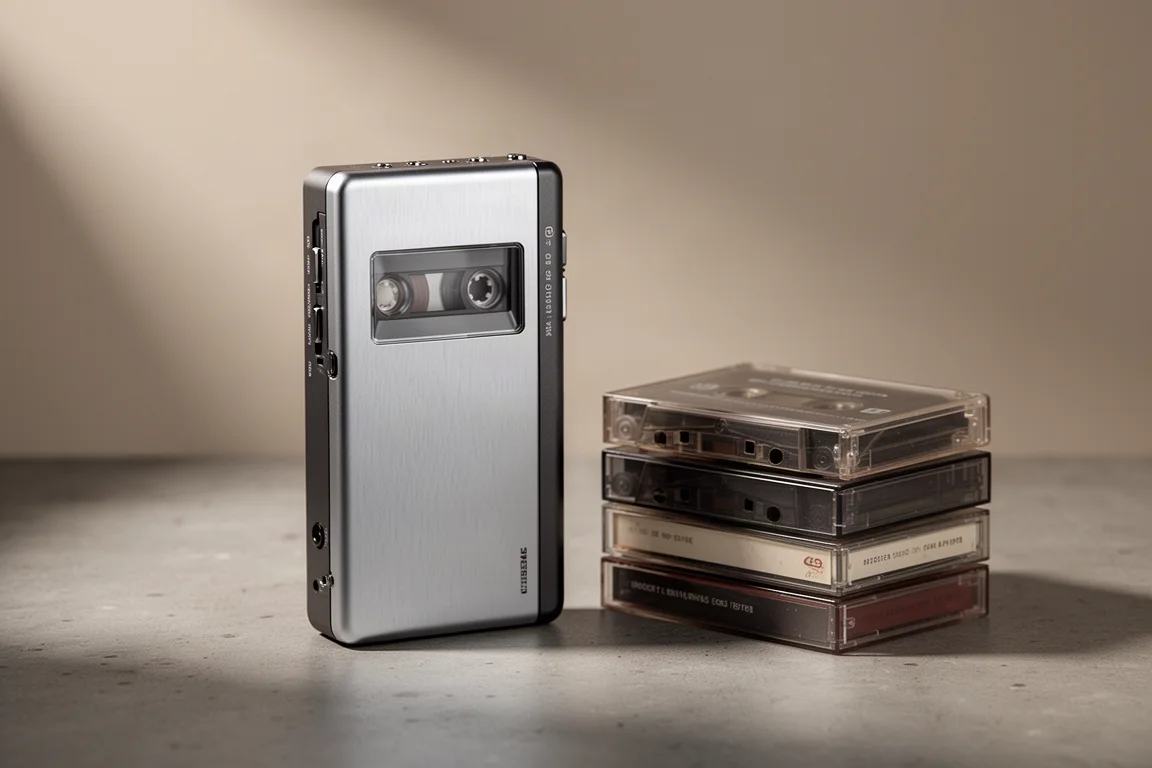 Metal portable cassette player beside two cassette tapes on a concrete surface