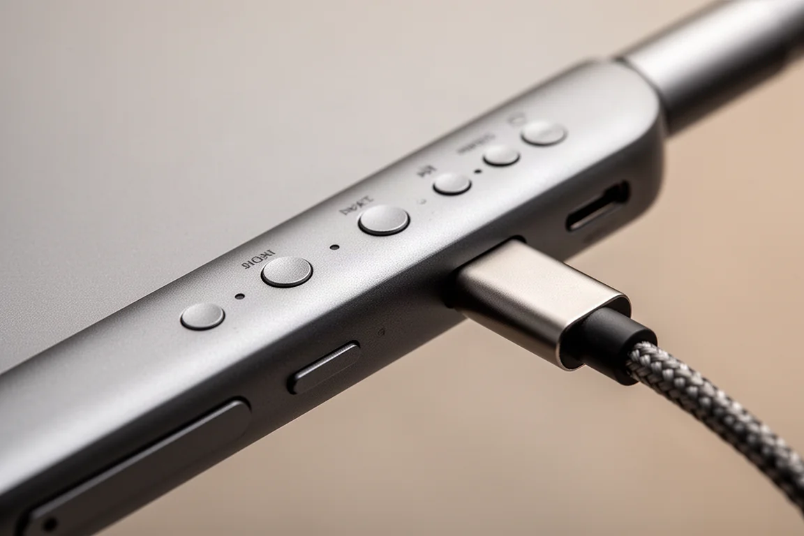 Primo piano dei pulsanti di controllo superiori e di un cavo USB-C su un lettore CD portatile