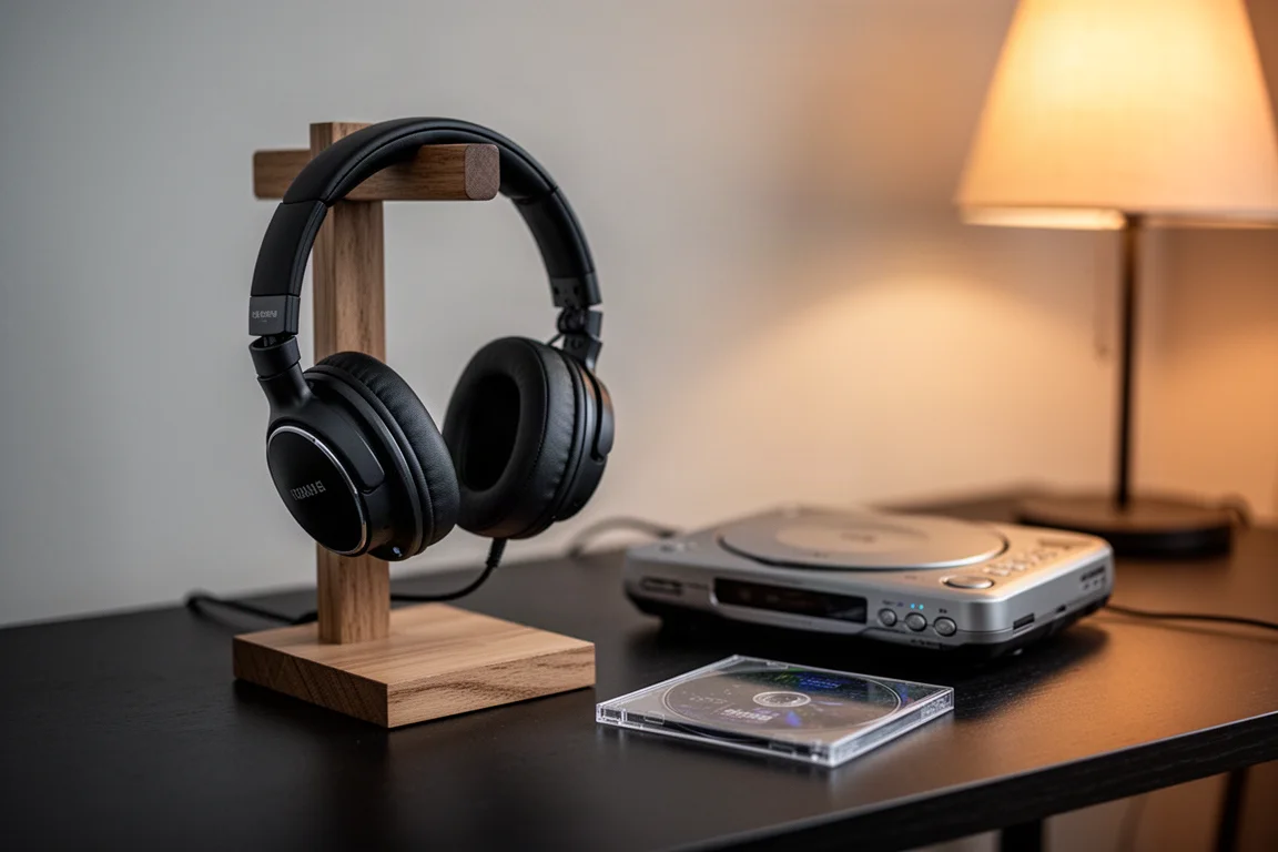 Cuffie over-ear su un supporto di legno accanto a un lettore CD portatile su una scrivania