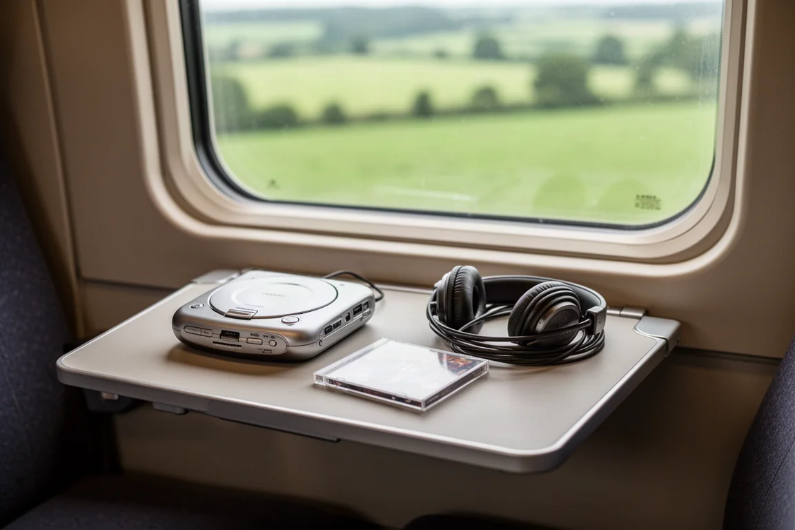 Lettore CD portatile e cuffie sul tavolino di un treno con paesaggio sfocato fuori dal finestrino