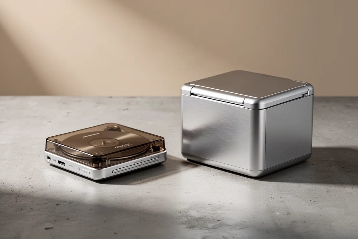 Two portable CD players side by side on a matte concrete surface