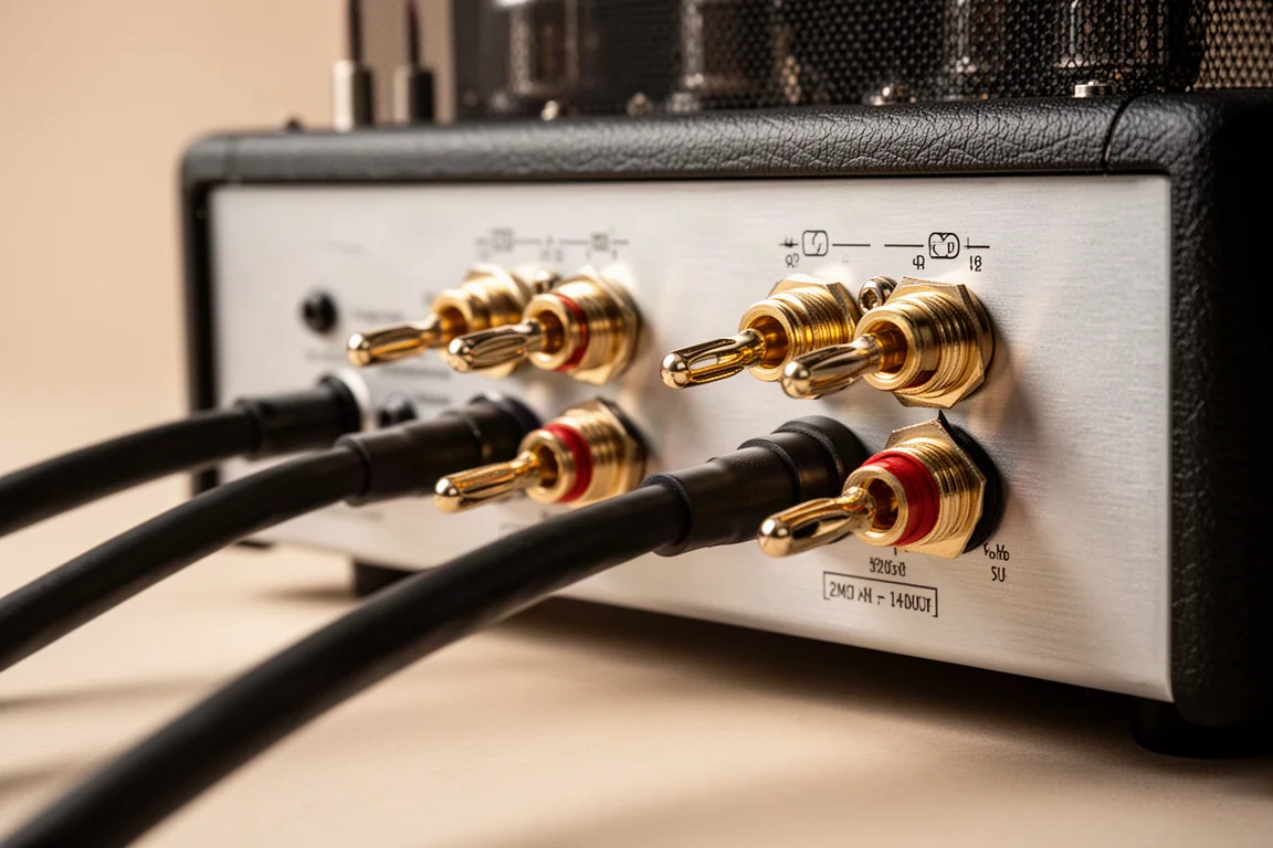 Bornes de altavoz en el panel trasero de un amplificador de válvulas con conectores banana y cable de altavoz conectado
