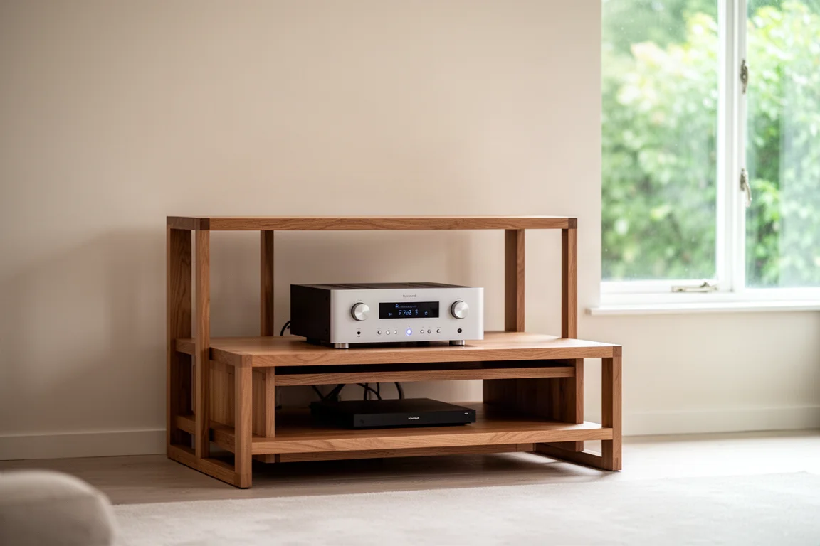 Amplificador solo sobre un mueble hi-fi bajo de madera en un salón luminoso con espacio libre alrededor