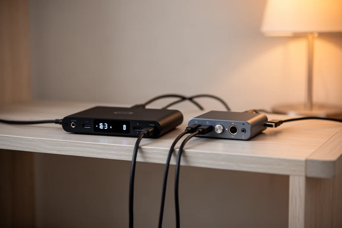 Transporte de streaming compacto y pequeño DAC sobre un estante de madera clara conectados por cables digitales cortos