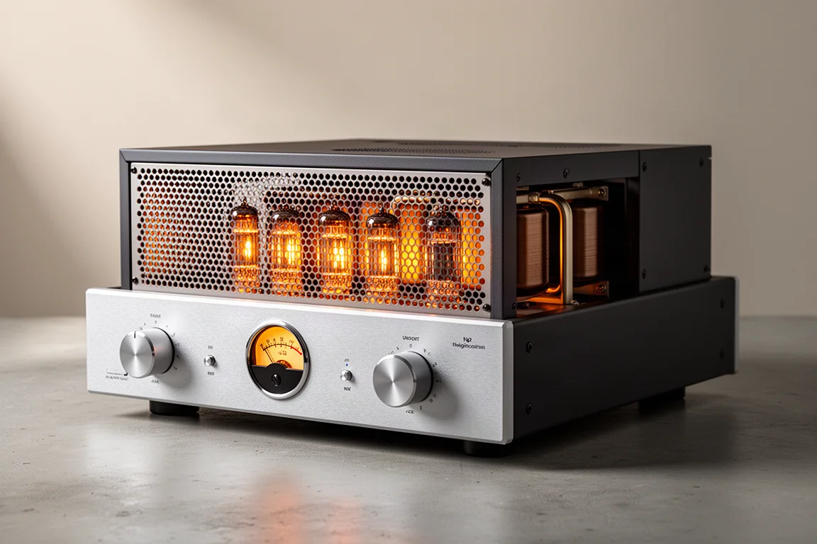 Tube integrated amplifier with VU meters and glowing tubes under a perforated grille on concrete