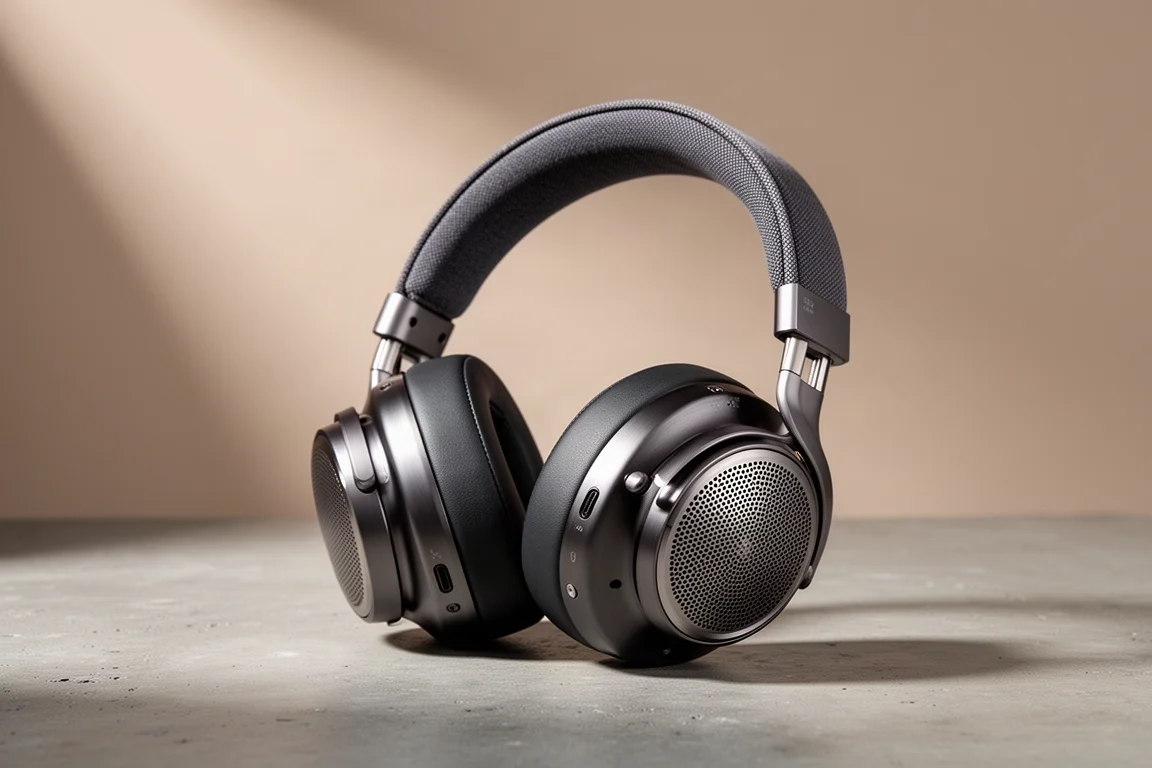 Over-ear headphones with dark metal ear cups and perforated grilles on a matte concrete surface