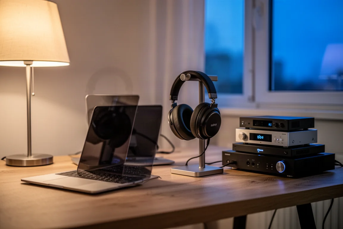 Scrivania per l'ascolto domestico al crepuscolo con laptop, cuffie su un supporto e componenti audio compatti