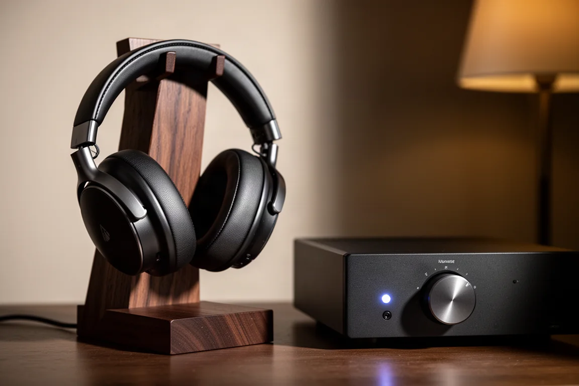 Cuffie over-ear a padiglione aperto su un supporto in legno accanto a un amplificatore da scrivania compatto