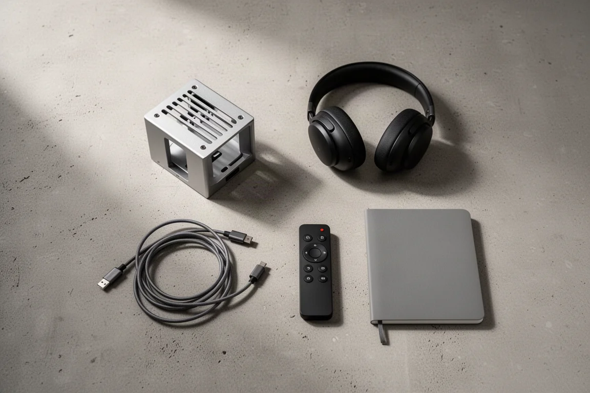Vista dall'alto di un convertitore da scrivania, cuffie, cavo USB-C e notebook su cemento