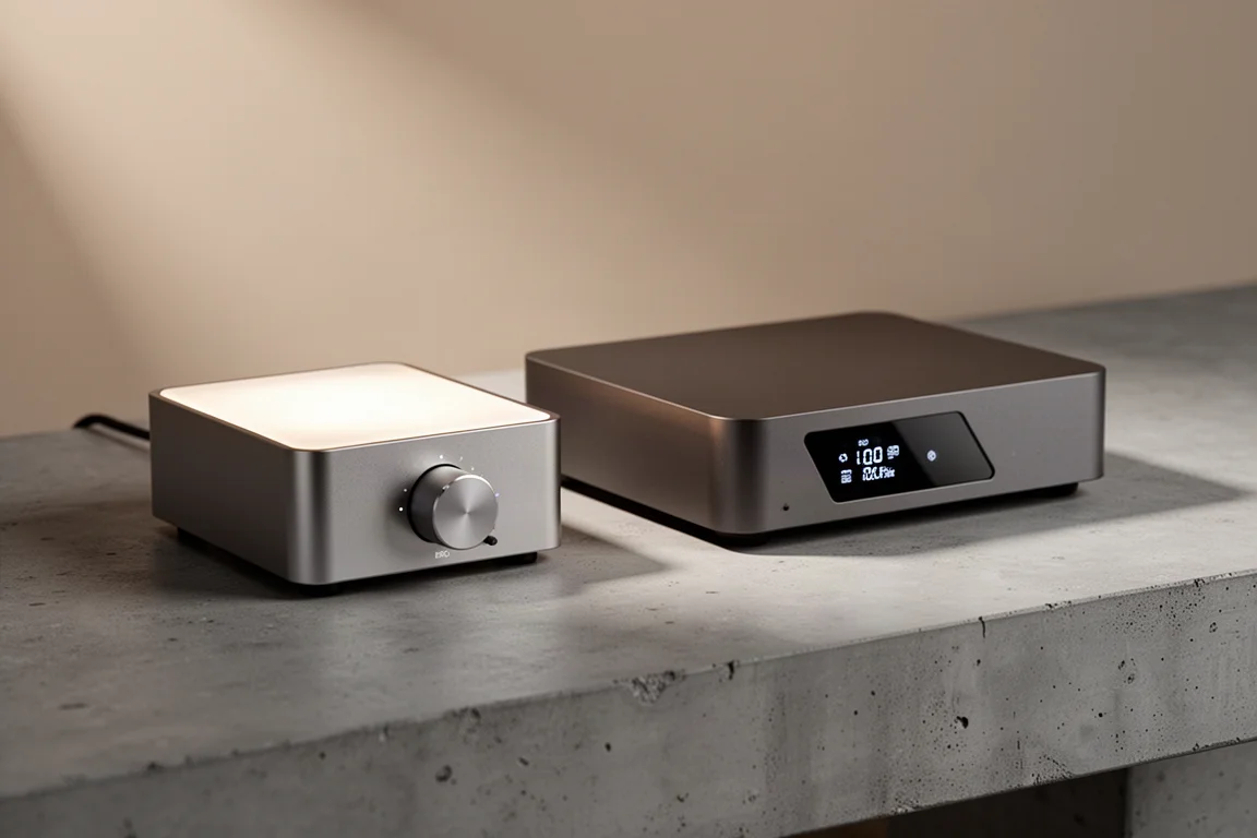Compact desktop converter and streaming unit side by side on a concrete surface