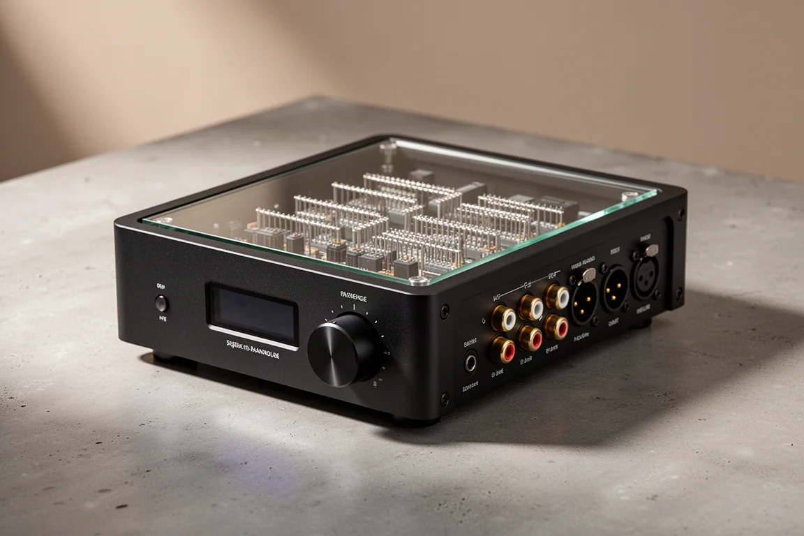 Compact aluminium desktop DAC with central LCD and two rotary dials on a matte surface