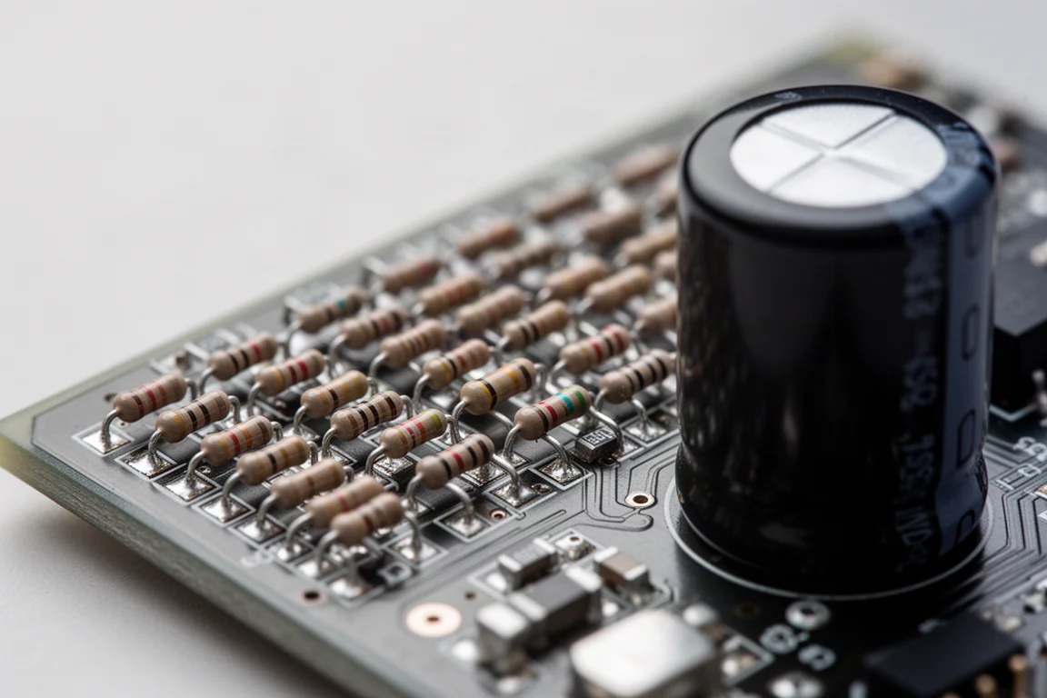 Detalhe macro de uma placa de circuito com fileiras de minúsculos resistores de montagem em superfície
