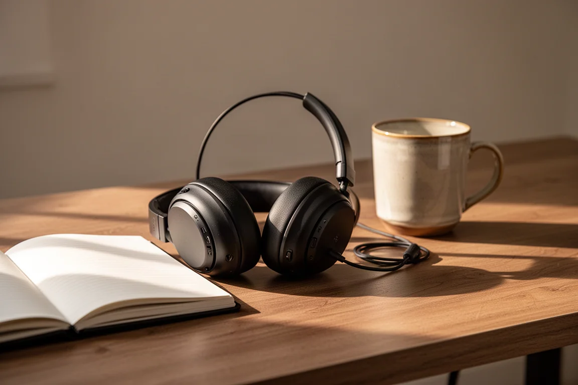 Fones de ouvido over-ear apoiados em uma mesa de madeira ao lado de um caderno sob a luz da noite