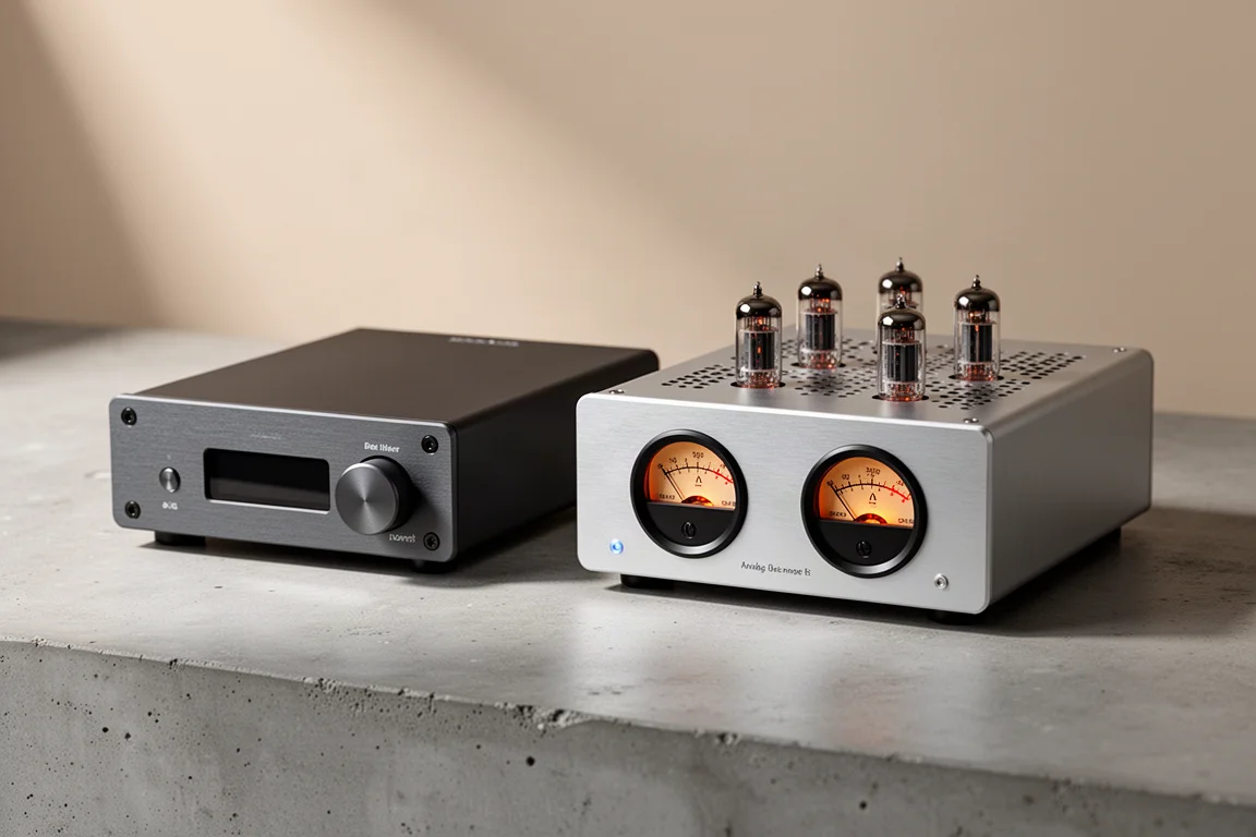 Two compact desktop DACs side by side, one with VU meters and tubes, on concrete
