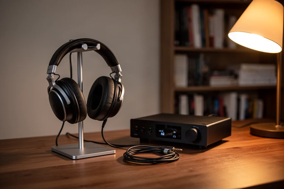 Headphone listening corner on a wooden desk with over-ear headphones and a compact desktop audio unit