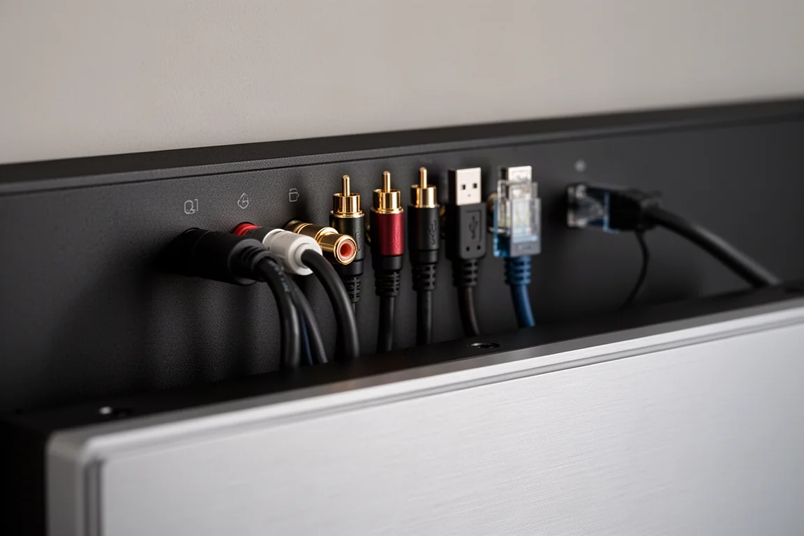 Rear panel detail of a desktop audio unit with optical, coaxial, USB and Ethernet cables routed neatly