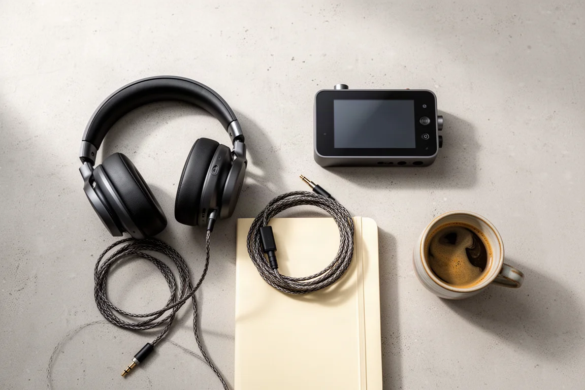 Overhead flat-lay of headphones, a coiled cable, a small desktop audio unit and a coffee cup on concrete